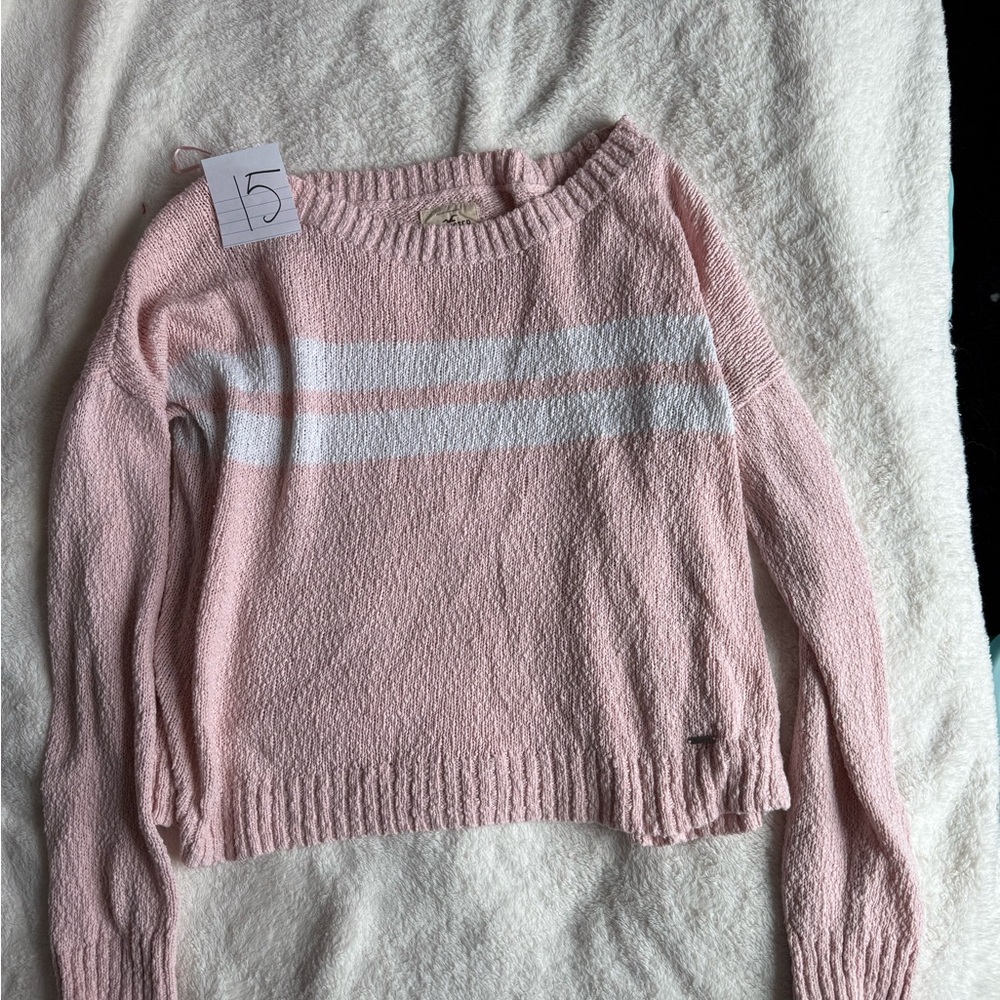 Hollister Light Pink Crewneck Sweater with White Stripes